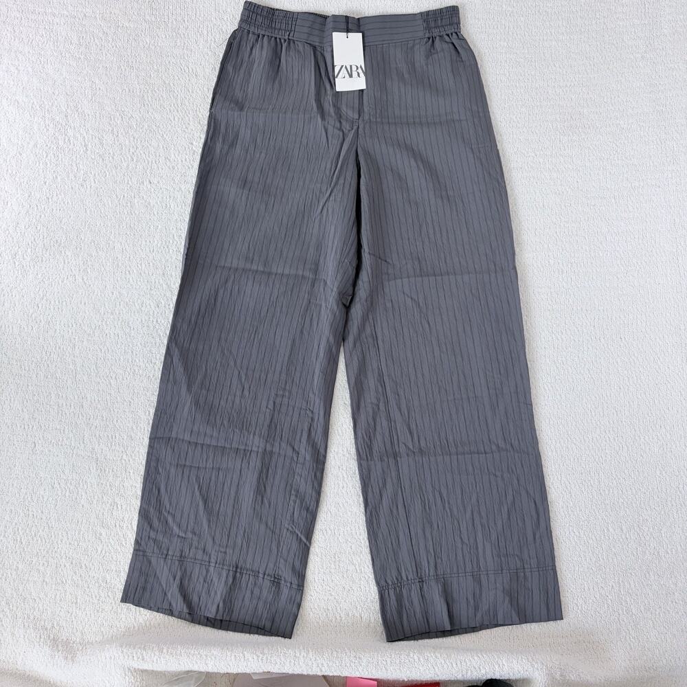 Zara Gray Striped Wide-Leg Pants Women’s L 30x30 Elastic Waist Viscose